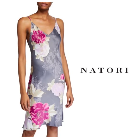 NEW! Natori fusion floral silver grey / pink satin chemise slip dress